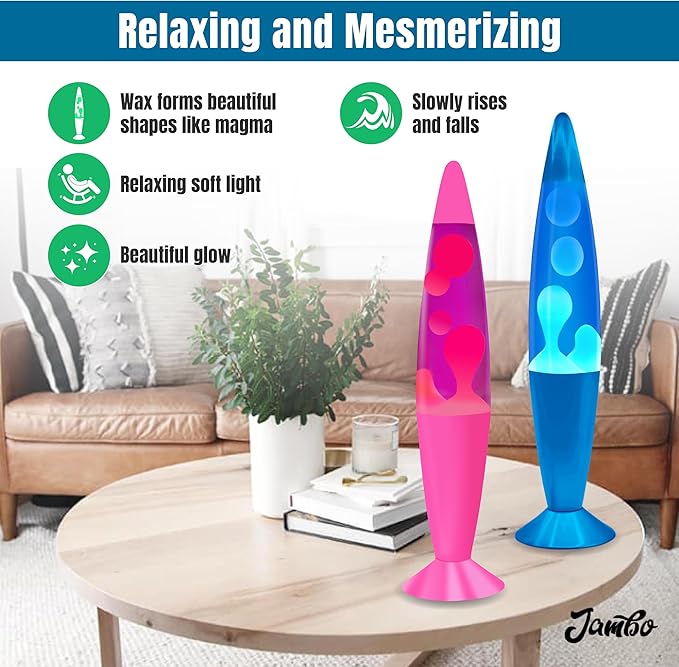 JAMBO 2 Pack- 16" Beautiful Lamp- Blue with Blue/White Wax and Purple with Pink Wax, Relaxing Liquid Lamp, Night Light Nightlight, Lamps for Adults Teens Kid