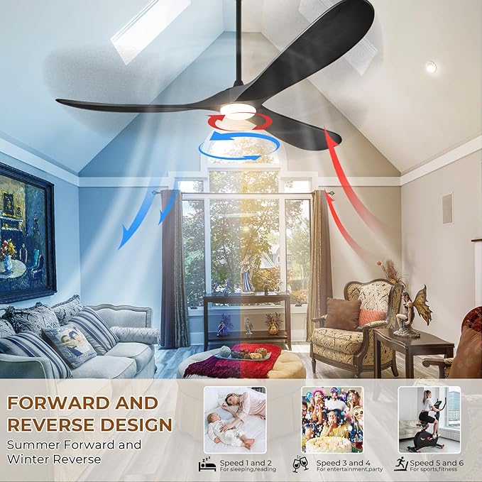 72" Outdoor Ceiling Fans with Lights and Remote Control, Large Ceiling Fan with Lights High CFM Quiet 3 Wood Blade Propeller Outdoor Fan,Propeller Ceiling Fan for Patio,Matte Black