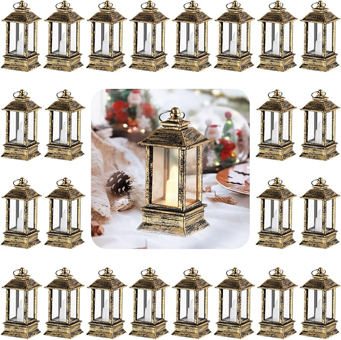 Vintage Lanterns Decorative Indoor: 24 Pcs Brass Mini Lanterns for Wedding Table Centerpieces Small Battery Powered Led Lights Bulk for Party Christmas