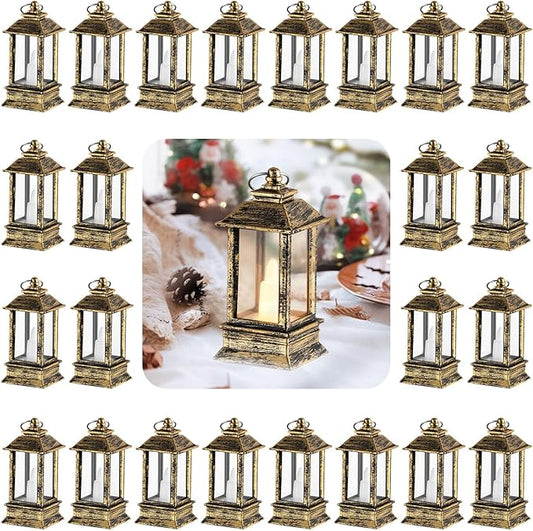 Vintage Lanterns Decorative Indoor: 24 Pcs Brass Mini Lanterns for Wedding Table Centerpieces Small Battery Powered Led Lights Bulk for Party Christmas