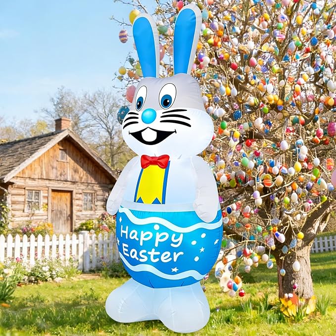 MICOCAH 5FT Tall Easter Inflatable Bunny Outdoor Decoration, Standing Cute Blow Up Blue Rabbit Yard Decoration with Colorful LED Lights, Spring Blowups for Lawn, Garden, Patio, Holiday, Party