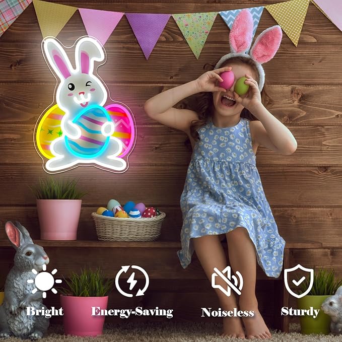 Easter Neon Sign Bunny Led Sign Printing Easter Wall Decor Bunny Eggs Light Sign Rabbit Decorations for Door Window Easters Gifts for Kids