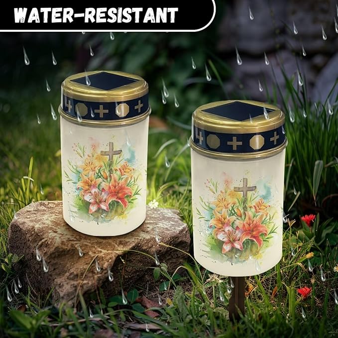 Cemetery Solar Lights Waterproof Solar Powered Grave Lights Corss Lily Landscape LED Flameless Candle Grave Decor Memorial Gift Garden Decor