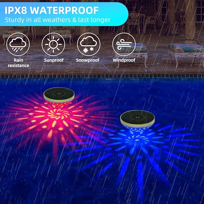 Solar Floating Pool Lights, Smart Auto ON/Off Pool Light with 6 Dynamic Lighting, IPX8 Waterproof RGB Floating Pool Solar Lights for Bathtub Garden Party (1 Pack)