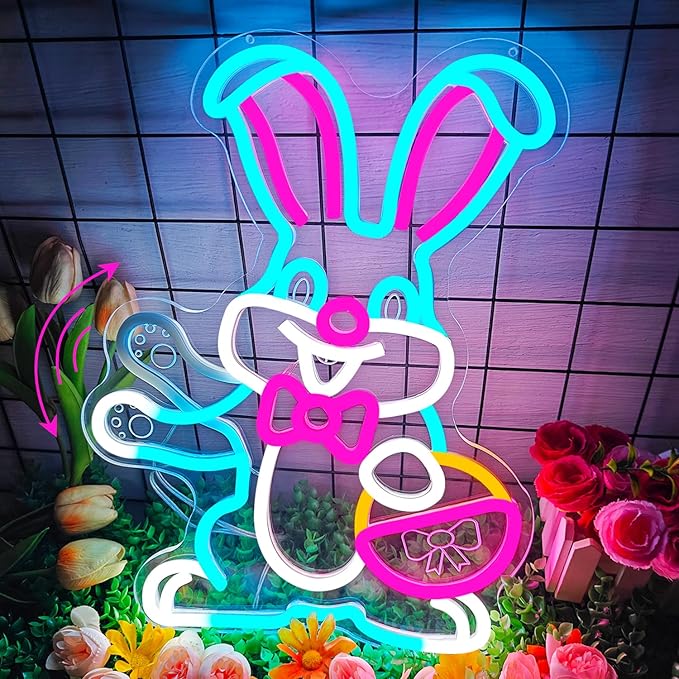 Easter Neon Sign Waving Bunny Neon Light Dimmable Spring Rabbit with Egg Basket Led Sign Easter Light Up Window Decorations Happy Easter Sign for Home