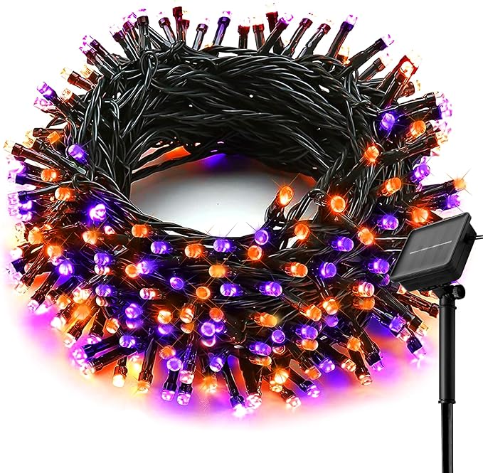 Orange Purple Solar Halloween Lights Outdoor Waterproof Halloween Decorations Outdoor Lights100 LED with 8 Modes for Party Patio Garden Tree Yard