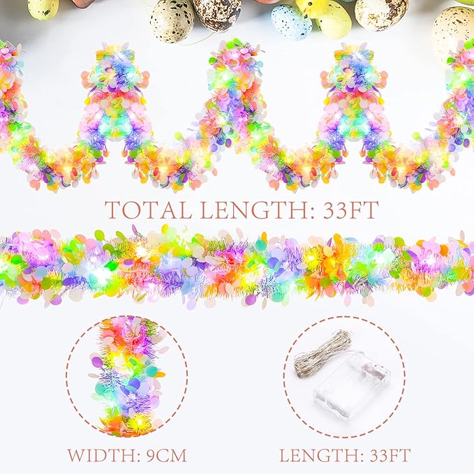 33FT Easter Tinsel Garland with LED Lights Prelit Easter Egg Metallic Twist Tinsel Garland Battery Operted Lighted Colorful Foil Hanging Garland for Tree Stairs Mantle Decoration Party Supply