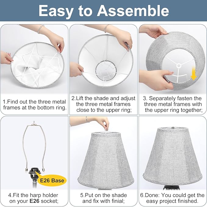 Bell Lamp Shades Set of 2, Gray Fabric Lampshades 6"Top x 13"Bottom x 10"High Medium Shade Replacement, Natural Linen Hand Crafted(Spider Fitter), Harp Holders Included, Easy Assembly Required