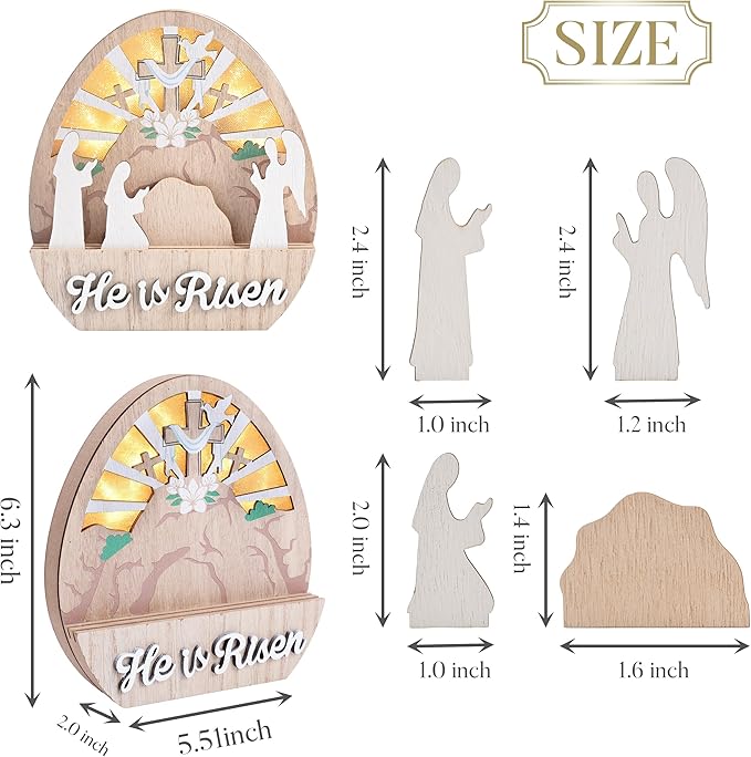 Valery Madelyn Easter Decorations with LED Light, Lighted Empty Tomb Scene and Cross Decoration, Wooden Christian Easter Decor Resurrection Scene for Home Table Shelf, 6.3 inch