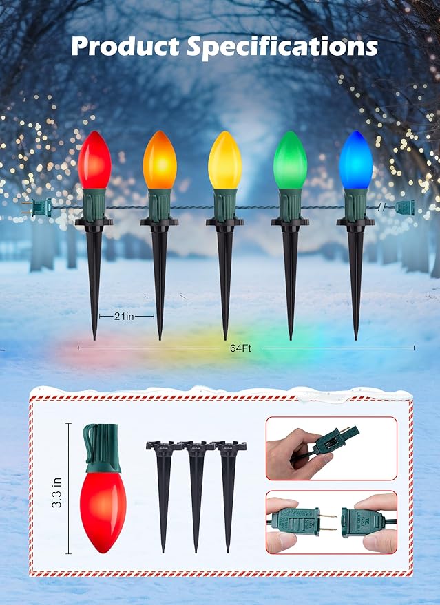 Brightown Frosted C9 LED Christmas Lights Outdoor, 2 Packs Total 64Ft Pathway Lights with 50 LED Bulbs and Stakes, Multicolor Christmas Decorations for Outside Driveway, Walkway, Sidewalk