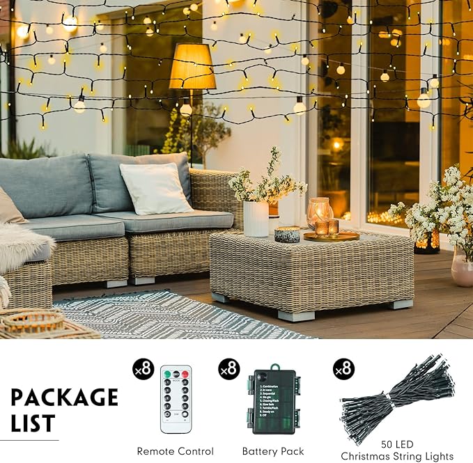 Tuanse 8 Pack Battery Operated Outdoor Christmas Tree String Lights,16.4 ft Mini Light Outdoor Christmas Lights with 50 Led of Dark Green Cable Lighting for Bedroom Garden Yard (Warm Light)