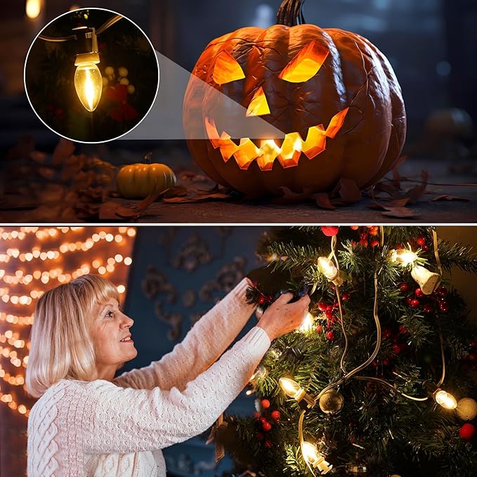 Christmas Village Lights with 10 LED Warm-White Bulb,Decoration for Christmas Village Houses, Pumpkin Crafts Halloween Holiday Decoration,C7 Village Light Cord
