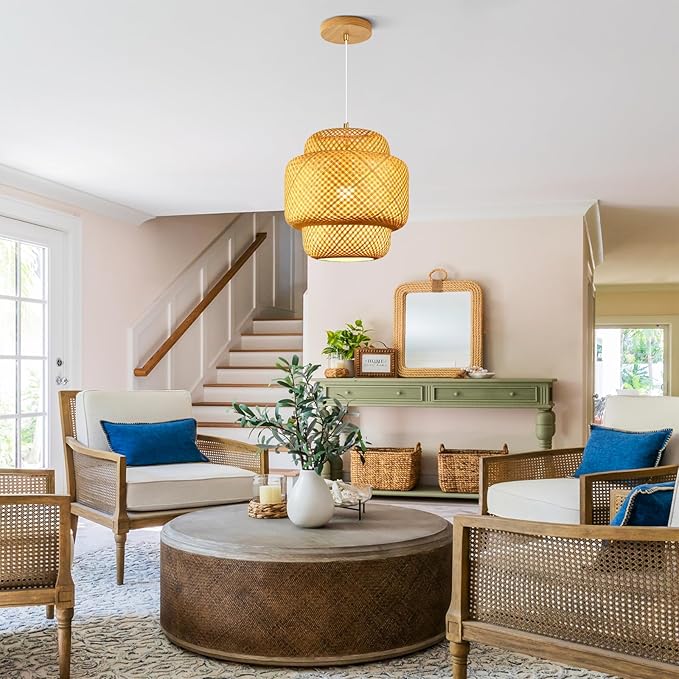 15.7inch Bamboo Pendant Light, Boho Chandelier Hand-Woven Wicker Rattan Hanging Ceiling Lighting, Rustic Farmhouse Pendant Lamp for Kitchen Island, Dining Room, Bedroom, Living Room, Foyer