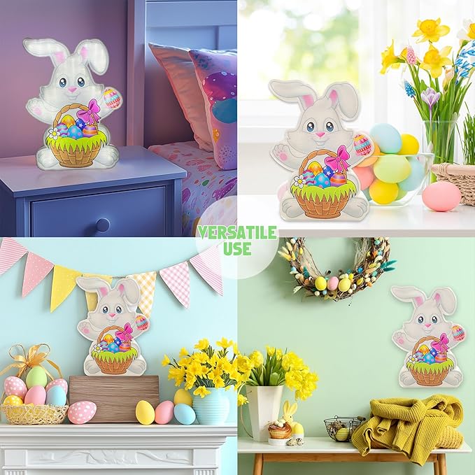 Allenjoy Spring Easter Bunny Rabbit Basket Eggs Night Light Up Box for Kids Gifts USB Powered Lamp Lightbox Bedroom Room Wall Art Table Desk Decorations Decor Sign
