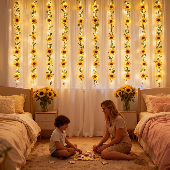GOESWELL Artificial Sunflower Garland with String Light: 7.2ft Fake SilkFlowers Vines with Green Leaves and Remote Control -Hanging Garland Decor for Wall Party Wedding Table CenterPieces Decoration