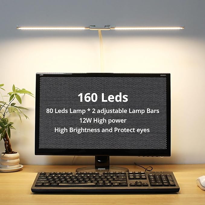 Desk Lamp with Clamp, with 5V 2A Adapter, LED Desk Lamp with Dual Head, 50 Light Modes, Computer Monitor Flexible Neck Lamp, Eye Protection Desk Lamps for Study, Office, Crafts, Draw(White)