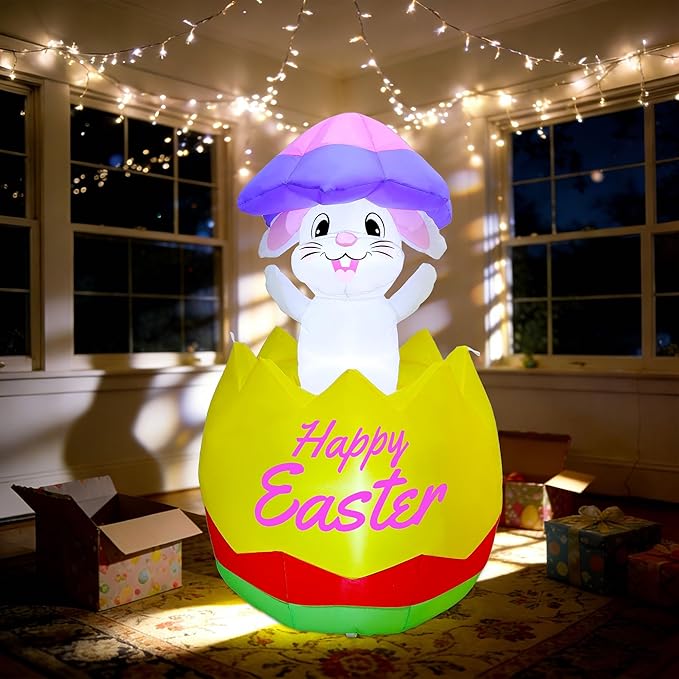 Joliyoou 5FT H Easter Inflatable Outdoor Decoration, Air-Blown Bunny in Egg with Shell on Head, Blow Up Rabbit with Built-in LED Lights for Lawn Yard Garden Holiday Party Indoor Outdoor Decor