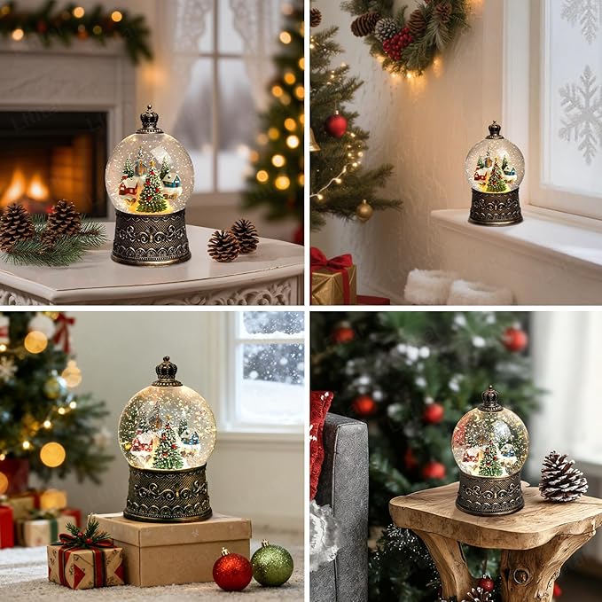 Christmas Snow Globes Village Snow Globe Lantern, Lighted Christmas Decorations Indoor for Home with Music Timer Glitter, Mountain Church, Musical Festival Gifts, USB & Battery Operated