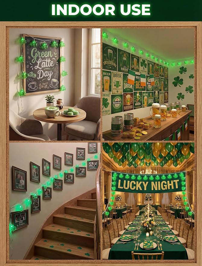 Shamrock String Lights, 8.5Ft St Patrick's Day Decorations String Lights with 10 Clover Lights, Connectable Shamrock Indoor Fairy Lights for St Patrick's Day Party Irish Holiday Garden Decor, White
