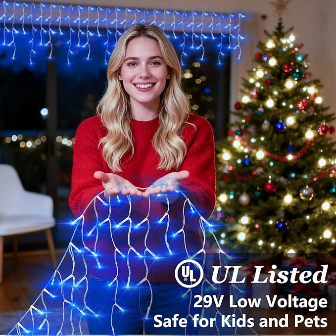504 LED Fairy lights for Bedroom, 50ft Christmas Window Lights with 112 Drops 12 Modes, Dimmable Curtain Lights, String Lights Indoor Outdoor for Holiday Wedding Party Home Xmas Decorations, Blue