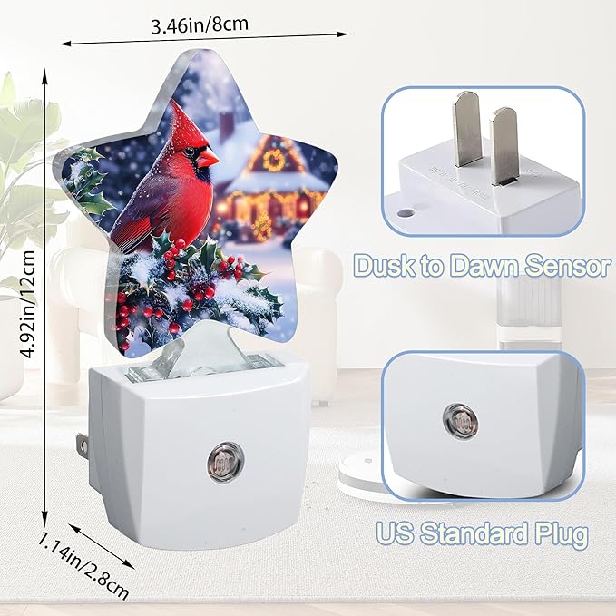 Winter Red Cardinal Dusk to Dawn Star Night Light,Christmas Tree Smart Sensor Nightlight for Bedroom Kitchen Hallway Stairs,Plug-in Energy Efficient Decor Desk Lamp Women Men Gifts
