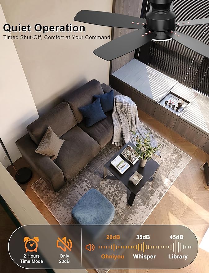 Ohniyou Ceiling Fans with Lights, 42'' Low Profile Ceiling Fan with Light and Remote/APP Control, Modern Flush Mount Ceiling Fan for Indoor Bedroom Kitchen, Dimmable, Qiuet DC Motor, Black