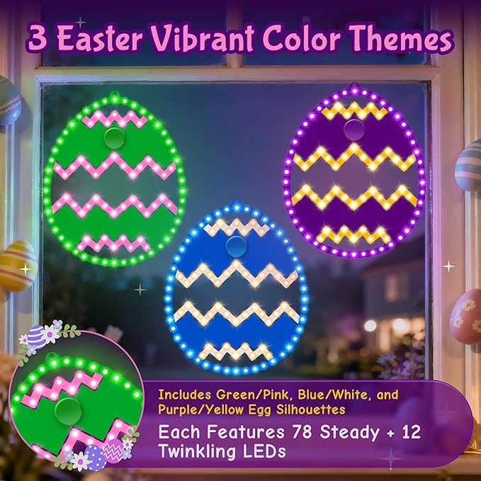 3 Pack 10" Easter Classics Twinkling LED Eggs, Hi Vibrant Aluminum Frame Eggs Spring Window Silhouette LED Lights, Holiday Waterproof Indoor Outdoor Decoration