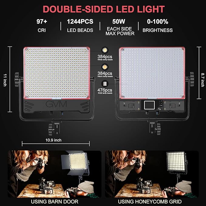 GVM 50SM Pro LED Video Light with Softboxes, RGB+Bi-Color Double Sided, Each Side 50W, Video Lighting Kit with Bluetooth Control, Led Panel Lights for YouTube, Studio, 3 Packs (GVM-50SM-3L)