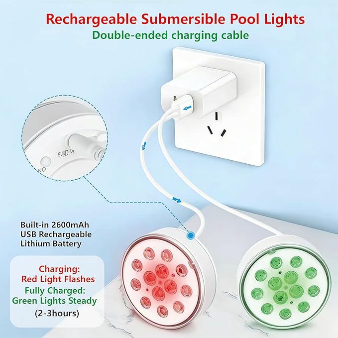Upgraded Magnetic Pool Lights for Above ground and inground pool, Rechargeable Underwater RGB 16 Colors Submersible LED Lights with Remote & Timer Off, for Hot Tubs, Fountains, Party, Vase - 2 Pack