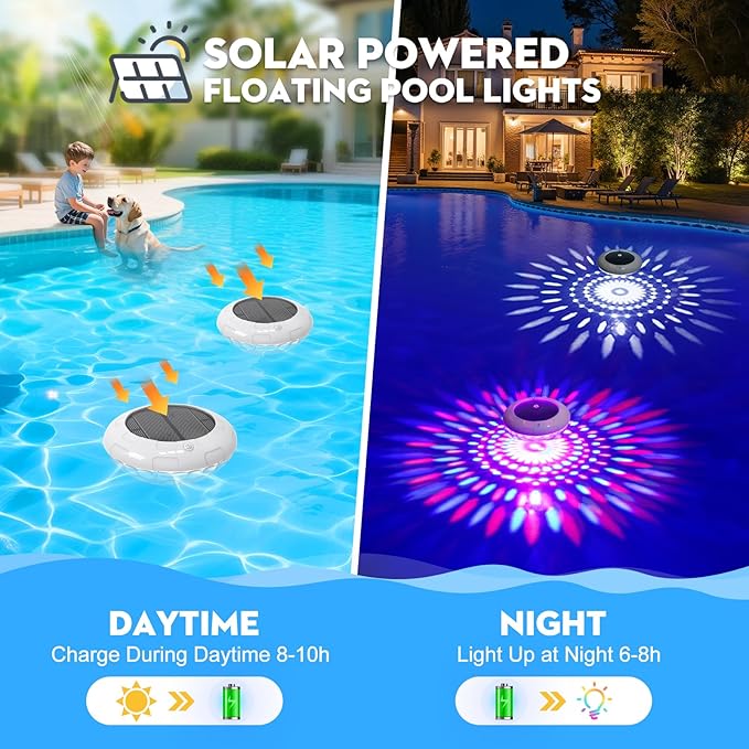 Floating Pool Lights w/Remote, 6.5 Inch RGB Solar Pool Lights That Float with 9 Dynamic Lighting, IP68 Waterproof Pool Floating Light, Hangable Solar Floating Light for Pools Party Garden(4)