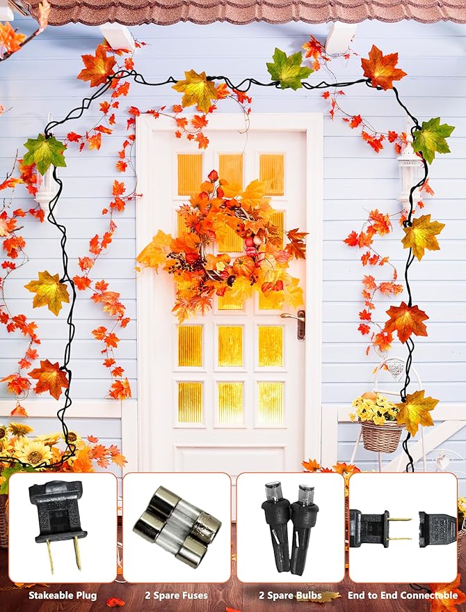 Maple Leaf String Lights Thanksgiving Decorations, Fall Garland Lights String with 35 LED Orange Yellow Green Lights for Connectable Display Indoor Outdoor Fall Decor Halloween Decorations