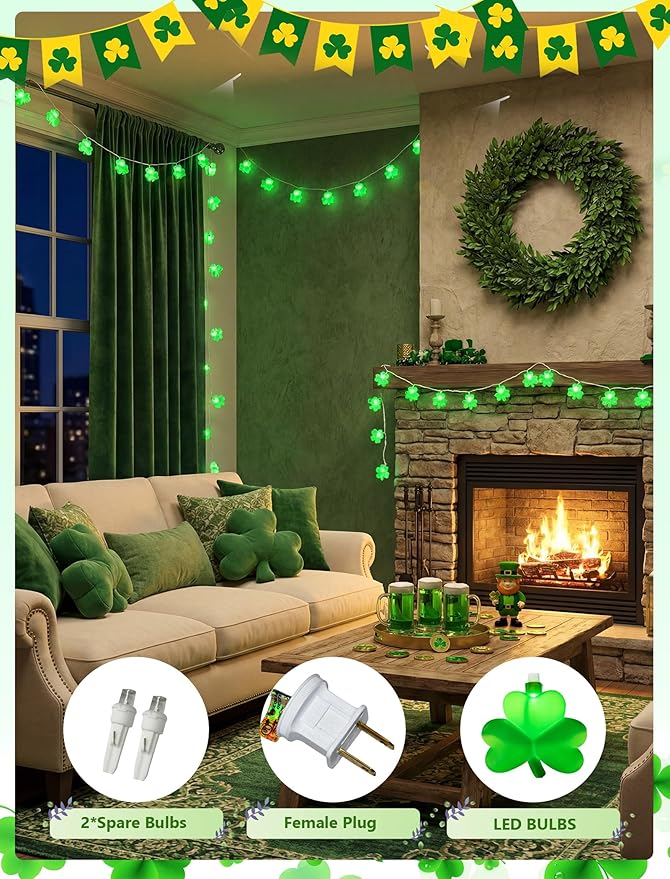 8.5Ft St patricks Day Lights Outdoor, Shamrock String Light Plug in with 10 LED Lucky Clover Lights, Green Clover for Irish Bedroom Home Garden Party Green Feast St. Patrick's Day Decorations