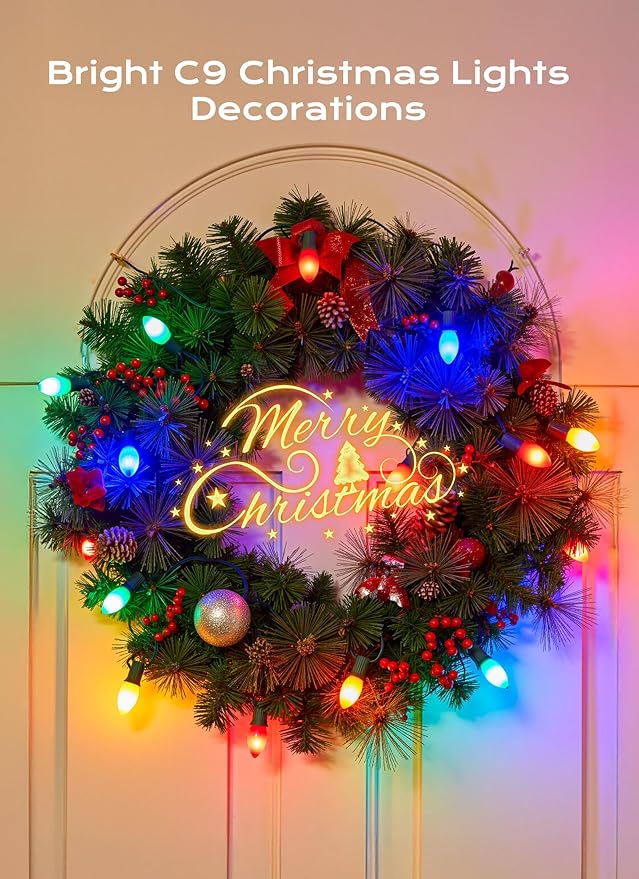 C9 LED Christmas Lights Outdoor, 50 FT 50 LED Multi-colored Connectable C9 String Lights for Christmas Tree Patio Roofline Garden Backyard Holiday Party Indoor Outdoor Decoration, Green Wire