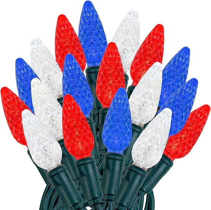 Novelty Lights 24FT 70 LED C6 Outdoor USA String Lights, Commercial Grade Christmas Tree Decorations (Red/White/Blue)