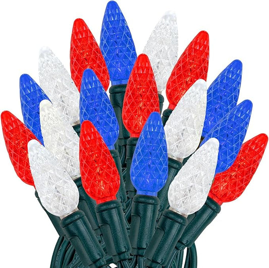 Novelty Lights 24FT 70 LED C6 Outdoor USA String Lights, Commercial Grade Christmas Tree Decorations (Red/White/Blue)