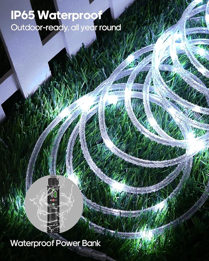 Rechargeable Rope Lights, 79FT 240LED Outdoor Waterproof String Lights with 1200mah Portable Rechargeable Battery, Timing & 8 Modes for Party Christmas Camping DIY Tree trampoline - Cool White 2 Pack