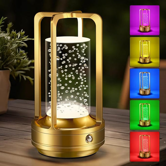 Portable Table Lamp for Outdoor Indoor: Cordless Rechargeable Desk Lamp with 3 Color Stepless Dimmable - Metal Battery Operated Lantern Light for Bedroom/Bar/Coffee Shop/Camping (Gold Bubble+RGB)