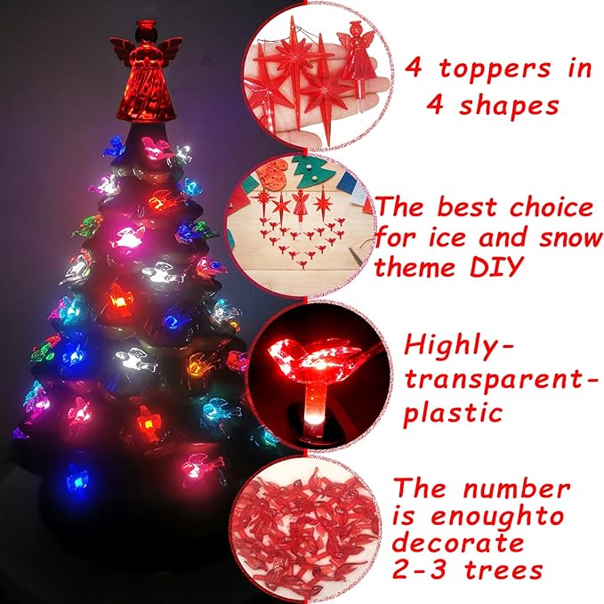 117Pcs Ceramic Christmas Tree Red Cardinal Bird Replacement Lights Bulbs and 1 Angel/3Stars Topper Ornament for Ceramic Tree Décor - Medium Plastic Pegs.