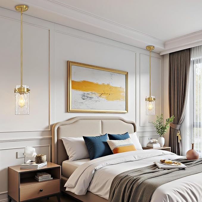 4.72" Hammered Glass Pendant Lighting for Kitchen Island 2 Pack, Modern Brushed Gold Pendant Light Fixtures, Adjustable Ceiling Pendant Light for Kitchen Island Dining Room Bedroom Hallway