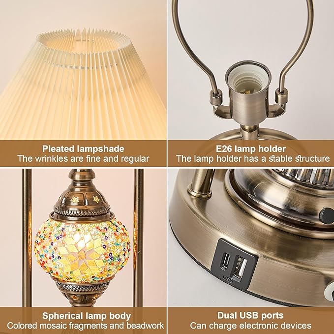 beaysyty Vintage Mosaic Table Lamp Set of 2, 25.2 Inch Decorative Bedside Lamps with Pleated Shade, USB Charging Ports, Colored Glass Globe Night Light, Bronze Gold Finish and Beige Lampshade