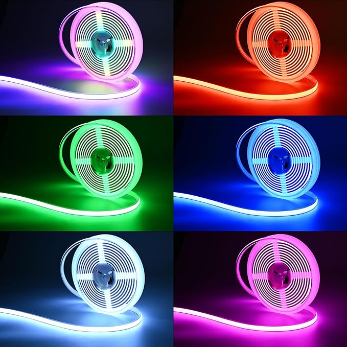 24V COB LED Strip 16.4ft Smart RGB+IC, Flexible Neon Rope Lights IP67 Waterproof, High Density 576LED/M, Self-Adhesive for Home Decoration(No Adapter and Controller)