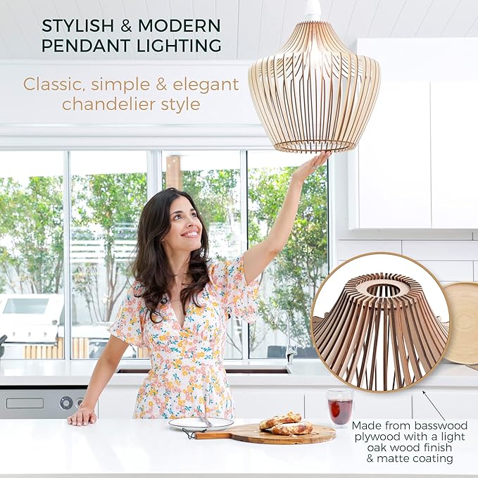 Wood Pendant Light - Easy-to-Assemble Ceiling Chandelier - Modern Boho Hanging Lamp Lighting Fixture for Dining, Kitchen, Bedroom, Living Room - Adjustable Nylon Cord, Uses Standard Bulb