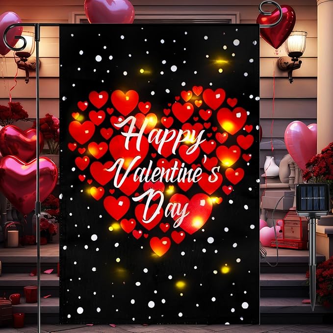 VIHOSE Valentine Garden Flag, 12 x 18 Inch Double Sided Solar Powered LED Heart Flag with Lighting 8 Modes Happy Valentine Red Love Heart Yard Flags Outdoor Banner for Valentine's Day Decorations
