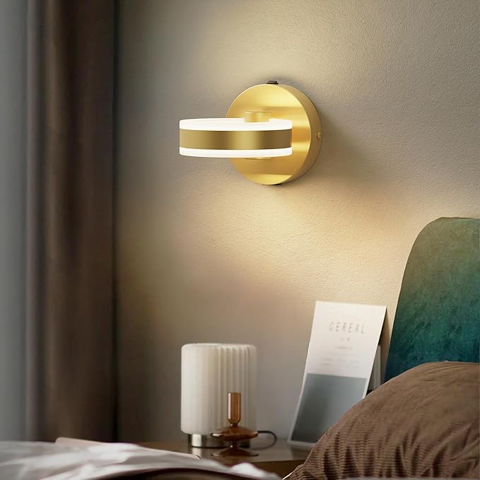 Wall Lamp LED Wall Sconce Rotatable Up-Down Sconces Wall Lighting with Built-in Switch and USB Charging Port 110 Volt AC Hardwired Wall Light (Gold)