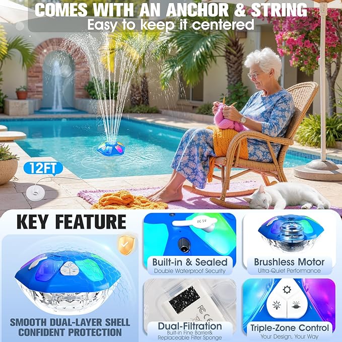 2026 Upgraded Pool Fountain,9000mah Rechargeable Floating Pool Fountain with Light Show,Above Ground Pool Water Fountain Pump with Anchor,Large Floting Fountain for Inground Pool-1PC (Dark Blue)