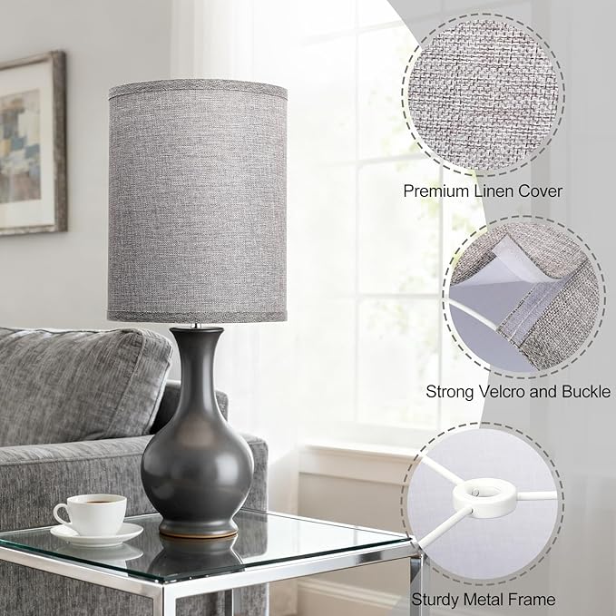 Tall Drum Lamp Shades Set of 2, Gray Lampshade for Table Lamp Floor Lamp, 10"Top x10" Bottom x 13"High, Replacement Lampshades Natural Linen Handcrafted, Spider, Harp Holders Included, Easy Assembly