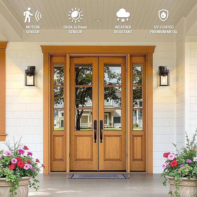 Gleamz 2-Pack Motion Sensor Porch Lights Outdoor, Dusk to Dawn Modern Black Gold Trim Exterior Light Fixtures Wall Mount for House, H11'' Waterproof Outdoor Wall Sconces for Garage, Coach, Entryway