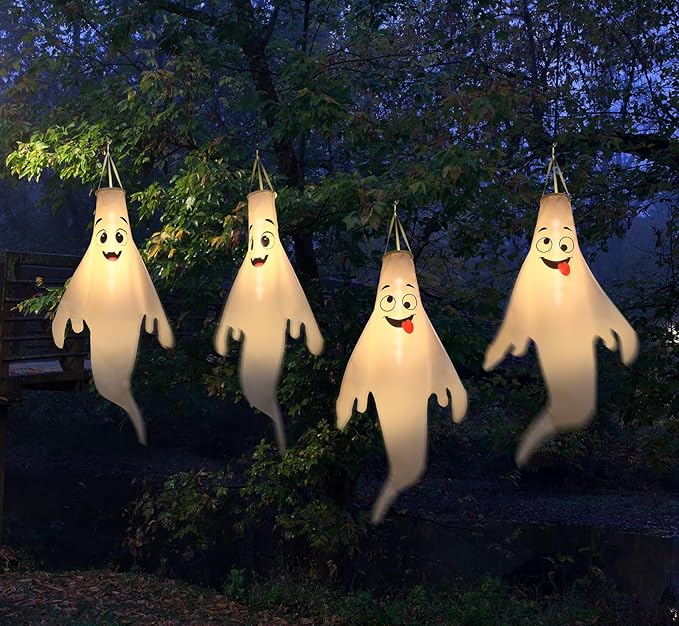 Halloween Ghost Decorations Outdoor: with Timer, 4 Pcs Cute Hanging Ghost for Tree Porch Garden Yard, Waterproof LED Ghost Halloween Decor