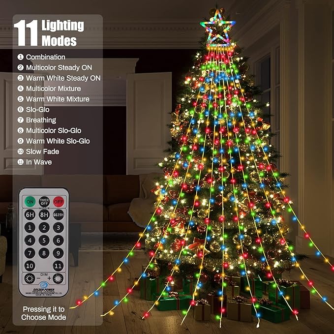 ZTX Christmas Decorations Outdoor Star Lights,320 LED 11Ft Christmas Tree Toppers Lihgts with Remote,11 Lighting Modes Waterfall Star String Light for Wedding,Halloween Party (Color Change)