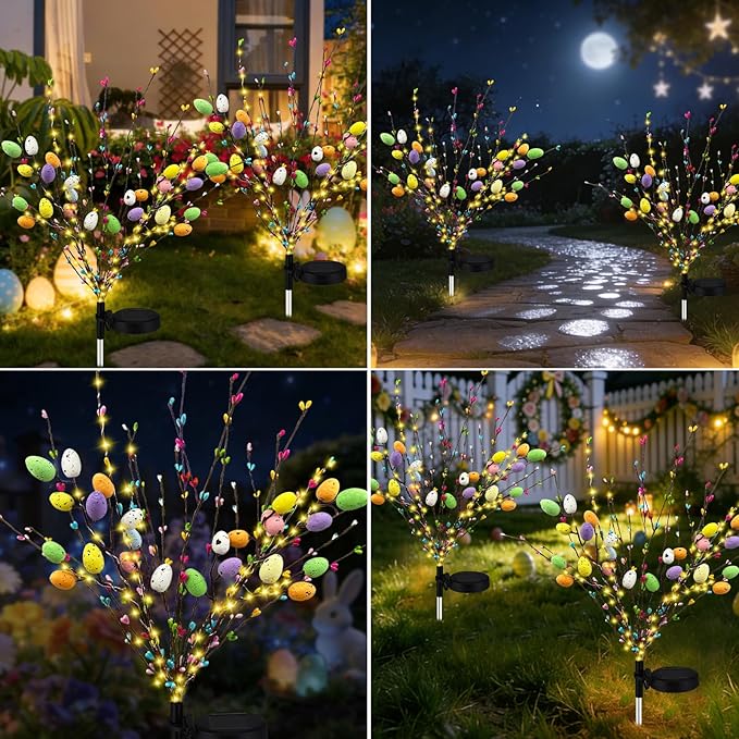 2 Pack Solar Easter Egg Lights Outdoor, 96 LED Waterproof Solar Easter Yard Decorations Outdoor Easters Yard Stakes Lights with 2 Lighting Modes for Outside Lawn Walkway Patio Cemetery Grave
